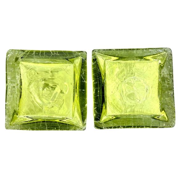 Art Glass MCM Pale Yellow Green Crackle Glass Rectangular 10" Vintage Vases-Pair - Picture 7 of 9